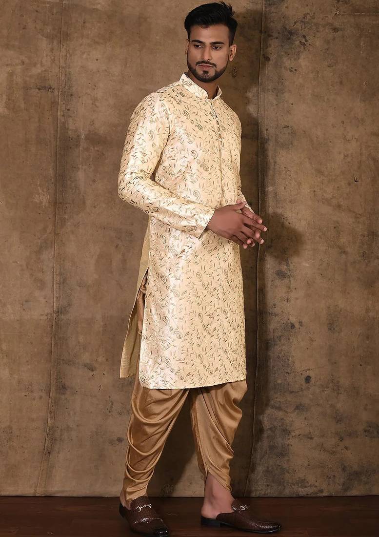 Fawn dupion art silk  kurta with computerised embroidery machine work