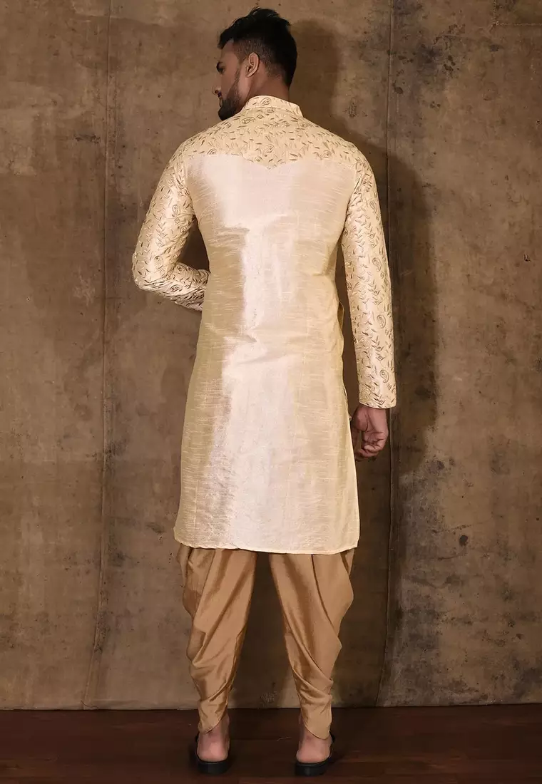 Fawn dupion art silk  kurta with computerised embroidery machine work