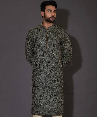 Bottle green dupion art silk  kurta with computerised embroidery machine work 1