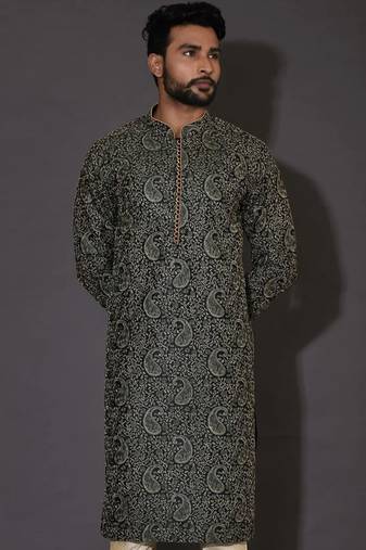 Bottle green dupion art silk  kurta with computerised embroidery machine work