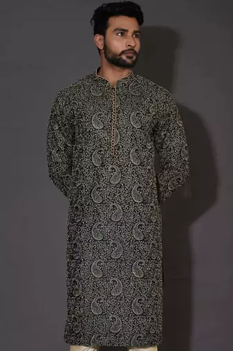 Bottle green dupion art silk  kurta with computerised embroidery machine work