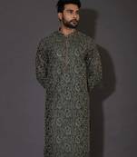 Bottle green dupion art silk  kurta with computerised embroidery machine work