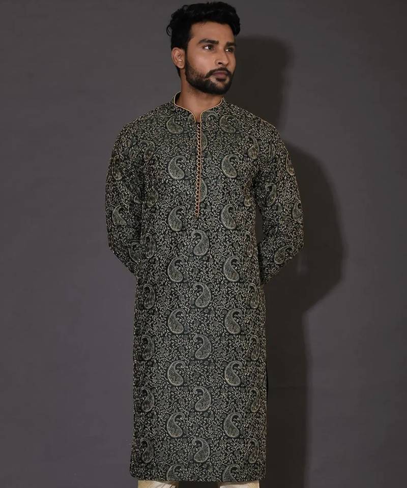 Bottle green dupion art silk  kurta with computerised embroidery machine work