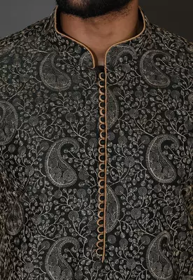Bottle green dupion art silk  kurta with computerised embroidery machine work 2