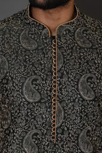 Bottle green dupion art silk  kurta with computerised embroidery machine work