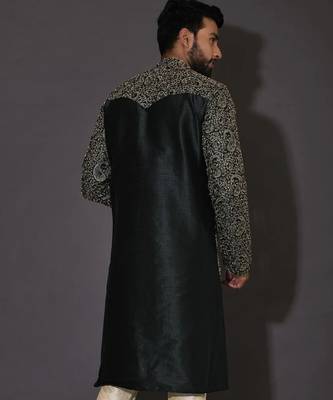 Bottle green dupion art silk  kurta with computerised embroidery machine work 3