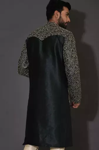 Bottle green dupion art silk  kurta with computerised embroidery machine work