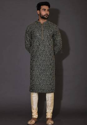 Bottle green dupion art silk  kurta with computerised embroidery machine work 4