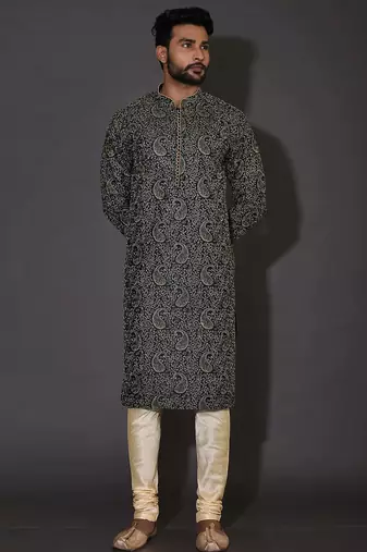 Bottle green dupion art silk  kurta with computerised embroidery machine work
