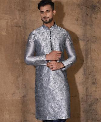 Grey dupion art silk  kurta with computerised embroidery machine work 1