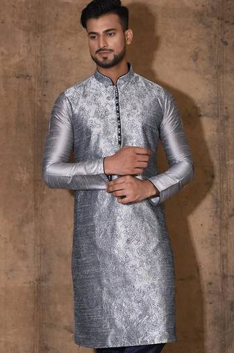 Grey dupion art silk  kurta with computerised embroidery machine work