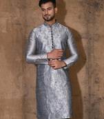 Grey dupion art silk  kurta with computerised embroidery machine work