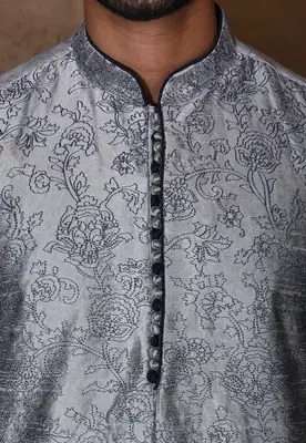 Grey dupion art silk  kurta with computerised embroidery machine work 2