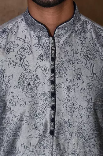 Grey dupion art silk  kurta with computerised embroidery machine work