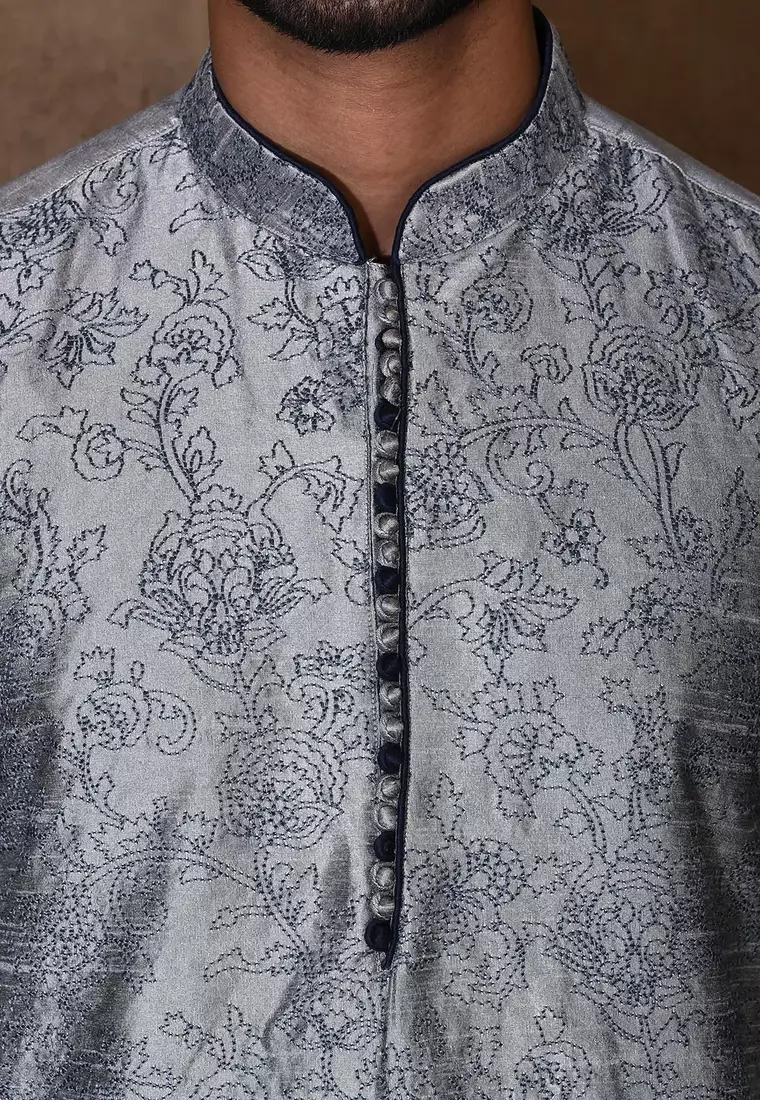 Grey dupion art silk  kurta with computerised embroidery machine work