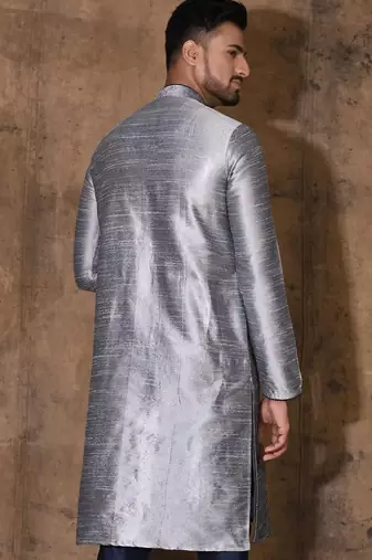 Grey dupion art silk  kurta with computerised embroidery machine work