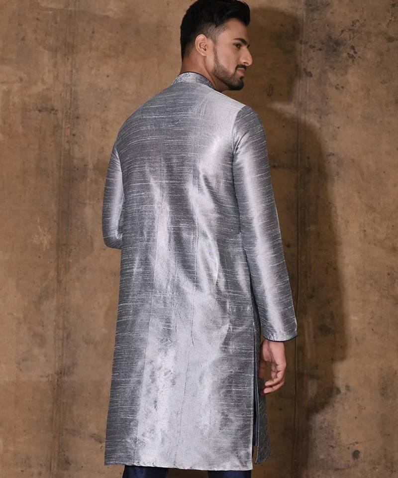 Grey dupion art silk  kurta with computerised embroidery machine work