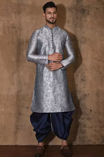 Grey dupion art silk  kurta with computerised embroidery machine work