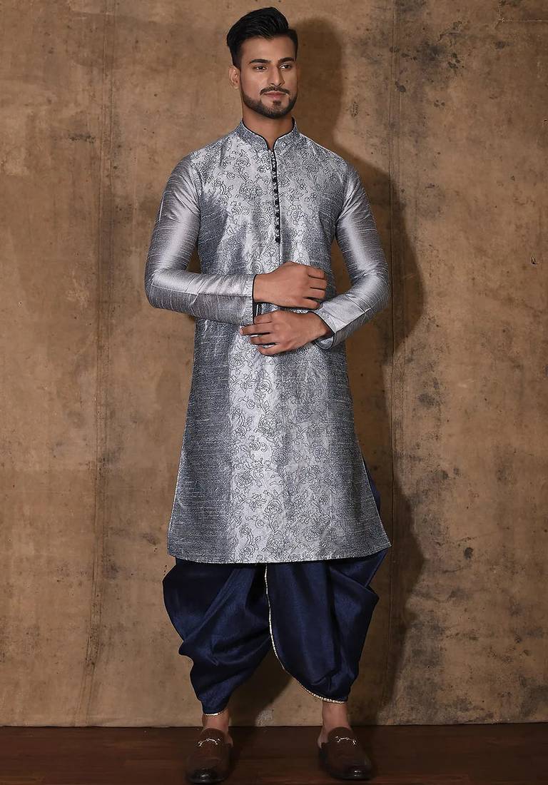 Grey dupion art silk  kurta with computerised embroidery machine work