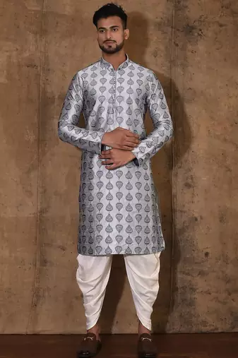 Grey dupion art silk  kurta with computerised embroidery machine work