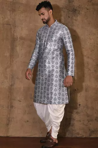 Grey dupion art silk  kurta with computerised embroidery machine work