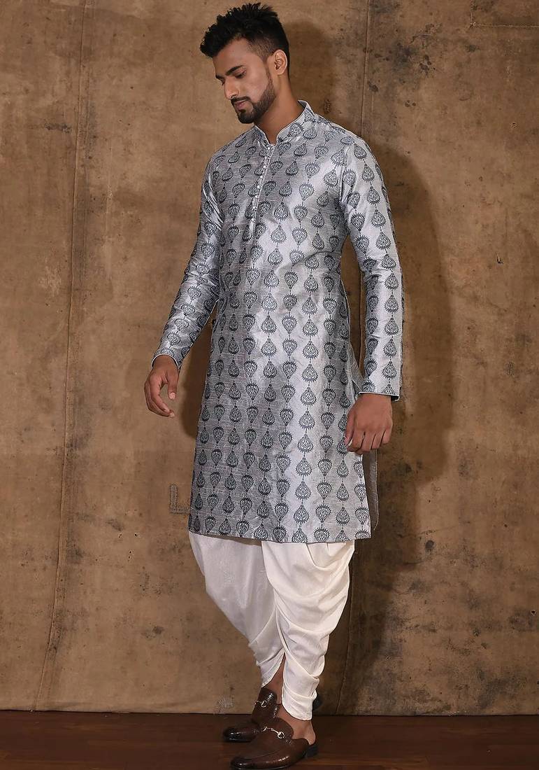 Grey dupion art silk  kurta with computerised embroidery machine work