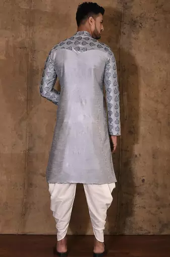 Grey dupion art silk  kurta with computerised embroidery machine work