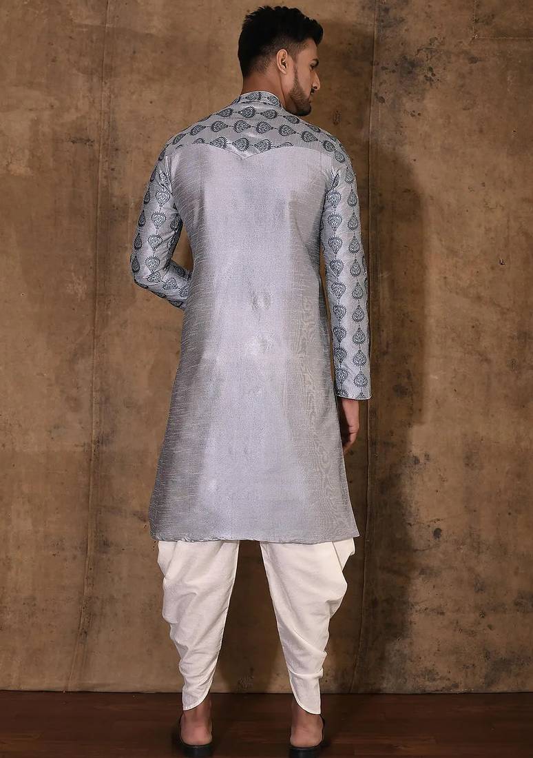 Grey dupion art silk  kurta with computerised embroidery machine work