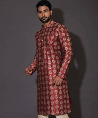 Red dupion art silk  kurta with computerised embroidery machine work 1