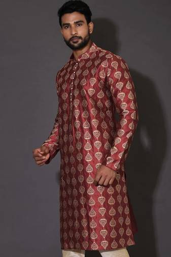Red dupion art silk  kurta with computerised embroidery machine work