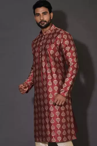 Red dupion art silk  kurta with computerised embroidery machine work