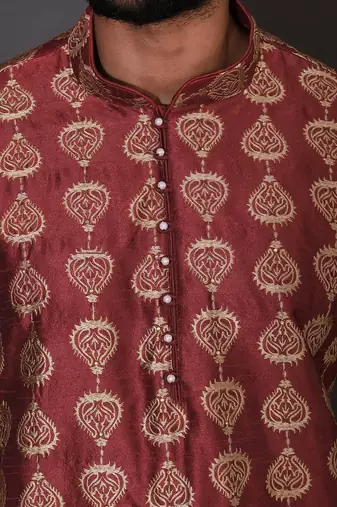Red dupion art silk  kurta with computerised embroidery machine work
