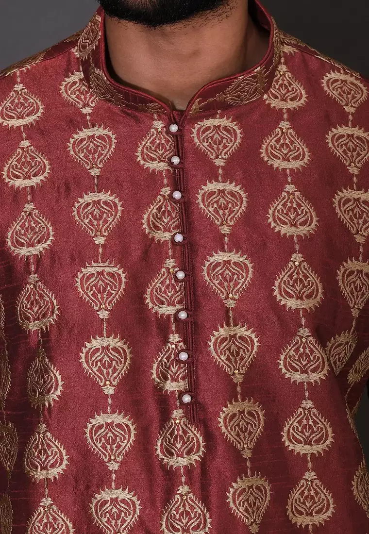 Red dupion art silk  kurta with computerised embroidery machine work