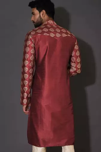 Red dupion art silk  kurta with computerised embroidery machine work