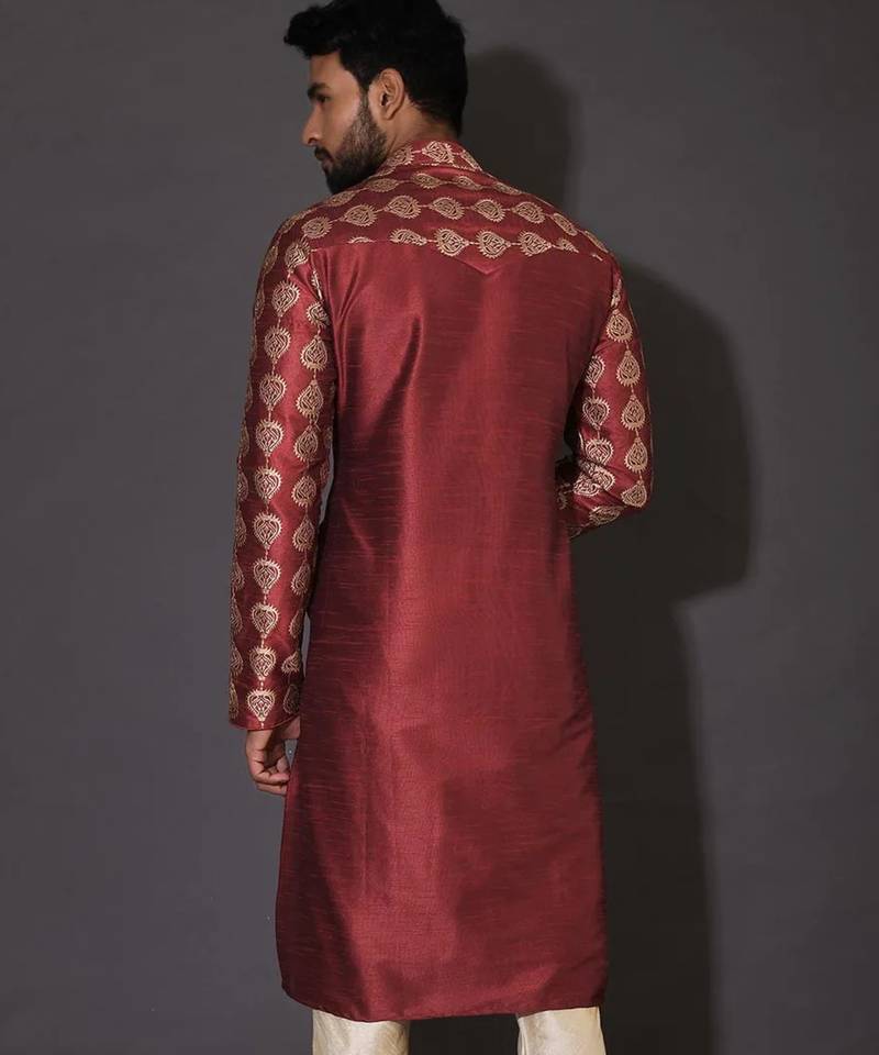 Red dupion art silk  kurta with computerised embroidery machine work