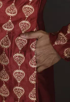 Red dupion art silk  kurta with computerised embroidery machine work 4