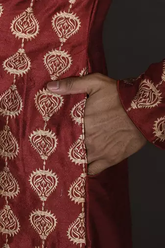 Red dupion art silk  kurta with computerised embroidery machine work