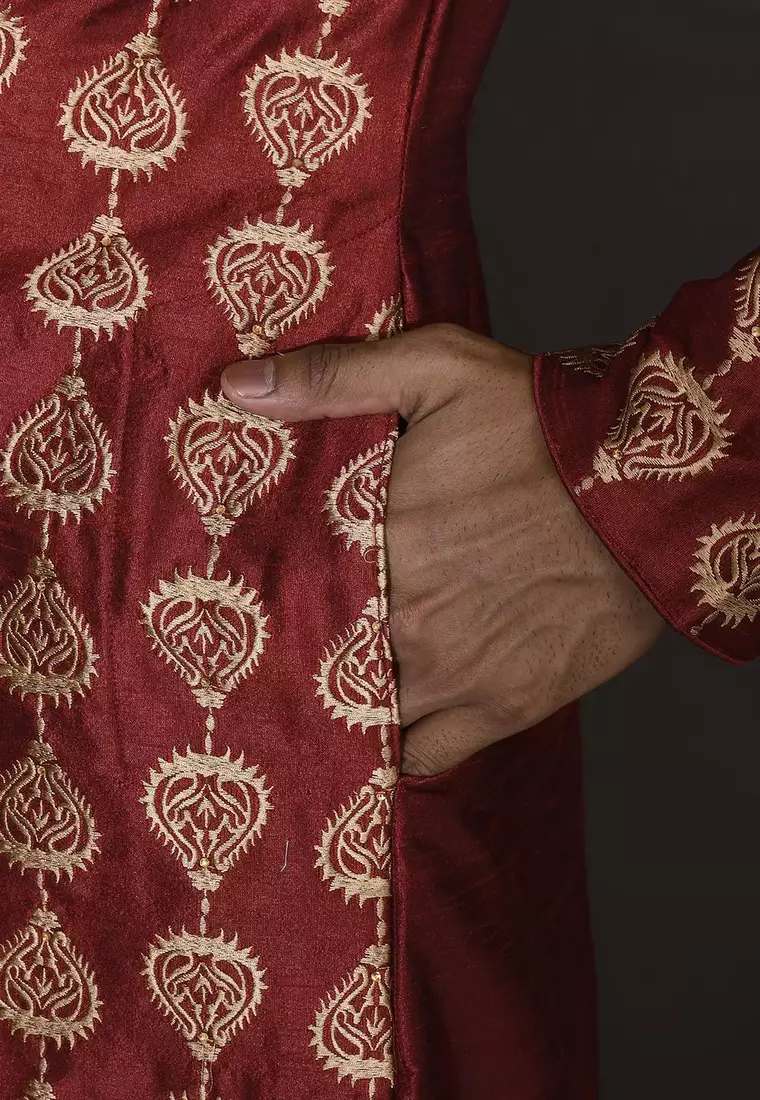 Red dupion art silk  kurta with computerised embroidery machine work