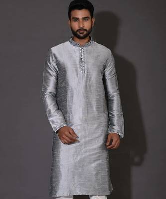 Grey dupion art silk  kurta with computerised embroidery machine work 1