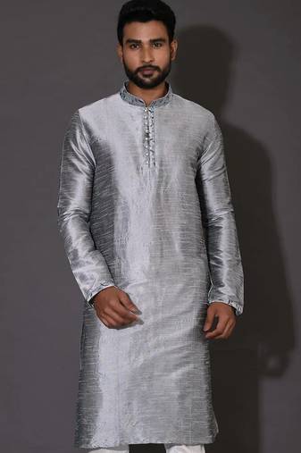 Grey dupion art silk  kurta with computerised embroidery machine work