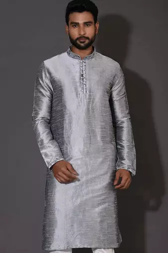 Grey dupion art silk  kurta with computerised embroidery machine work