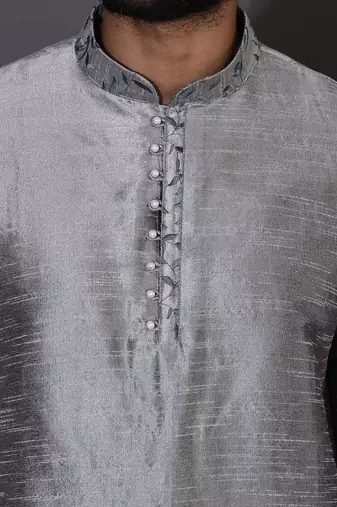Grey dupion art silk  kurta with computerised embroidery machine work