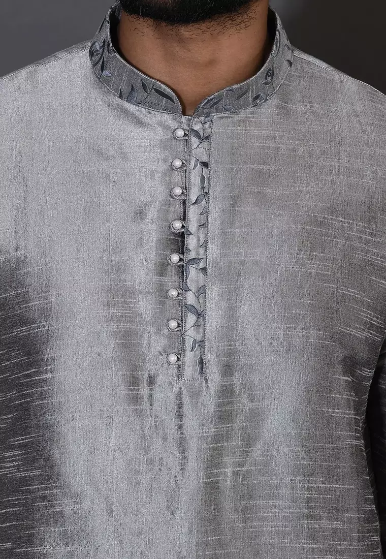 Grey dupion art silk  kurta with computerised embroidery machine work