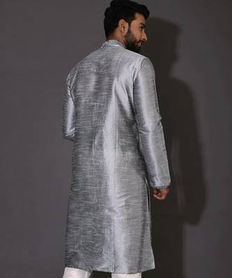 Grey dupion art silk  kurta with computerised embroidery machine work 3