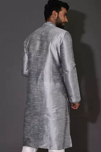 Grey dupion art silk  kurta with computerised embroidery machine work