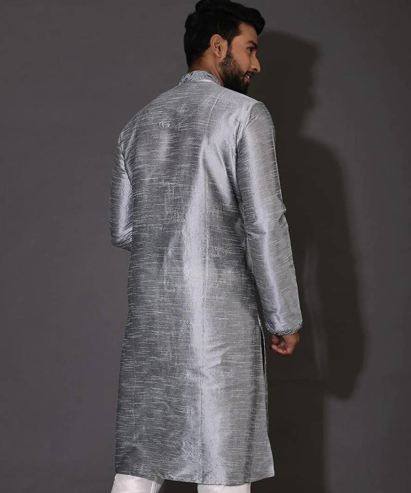 Grey dupion art silk  kurta with computerised embroidery machine work