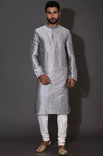 Grey dupion art silk  kurta with computerised embroidery machine work