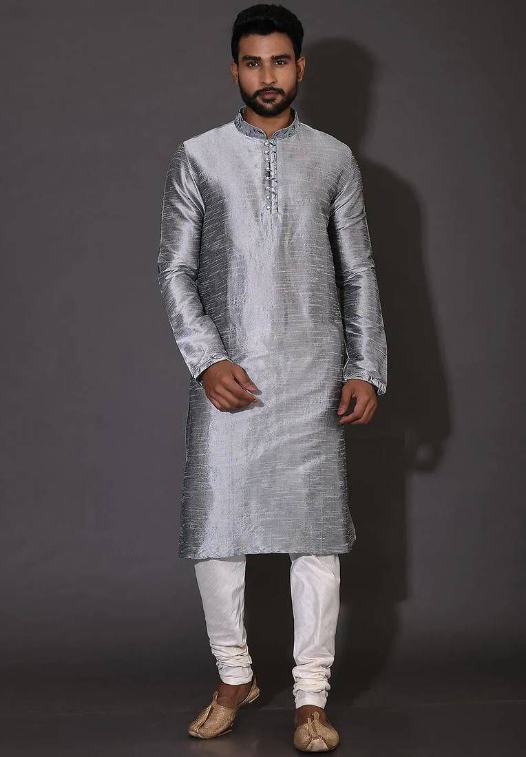 Grey dupion art silk  kurta with computerised embroidery machine work