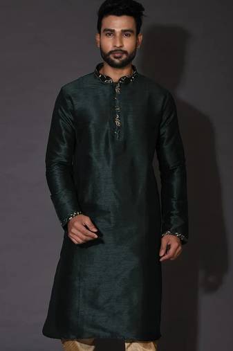 Bottle green dupion art silk  kurta with computerised embroidery machine work