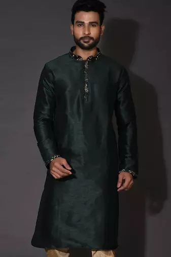 Bottle green dupion art silk  kurta with computerised embroidery machine work